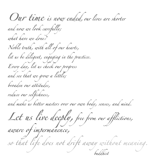 Our time is now ended, our lives are shorter
and now we look carefully;
what have we done?
Noble truth, with all of our hearts,
let us be diligent, engaging in the practice.
Every day, let us check our progress
and see that we grow a little;
broaden our attitudes,
reduce our selfishness,
and make us better masters over our own body, senses, and mind.
Let us live deeply, free from our afflictions,
aware of impermanence, 
so that life does not drift away without meaning.
                                                        buddhist